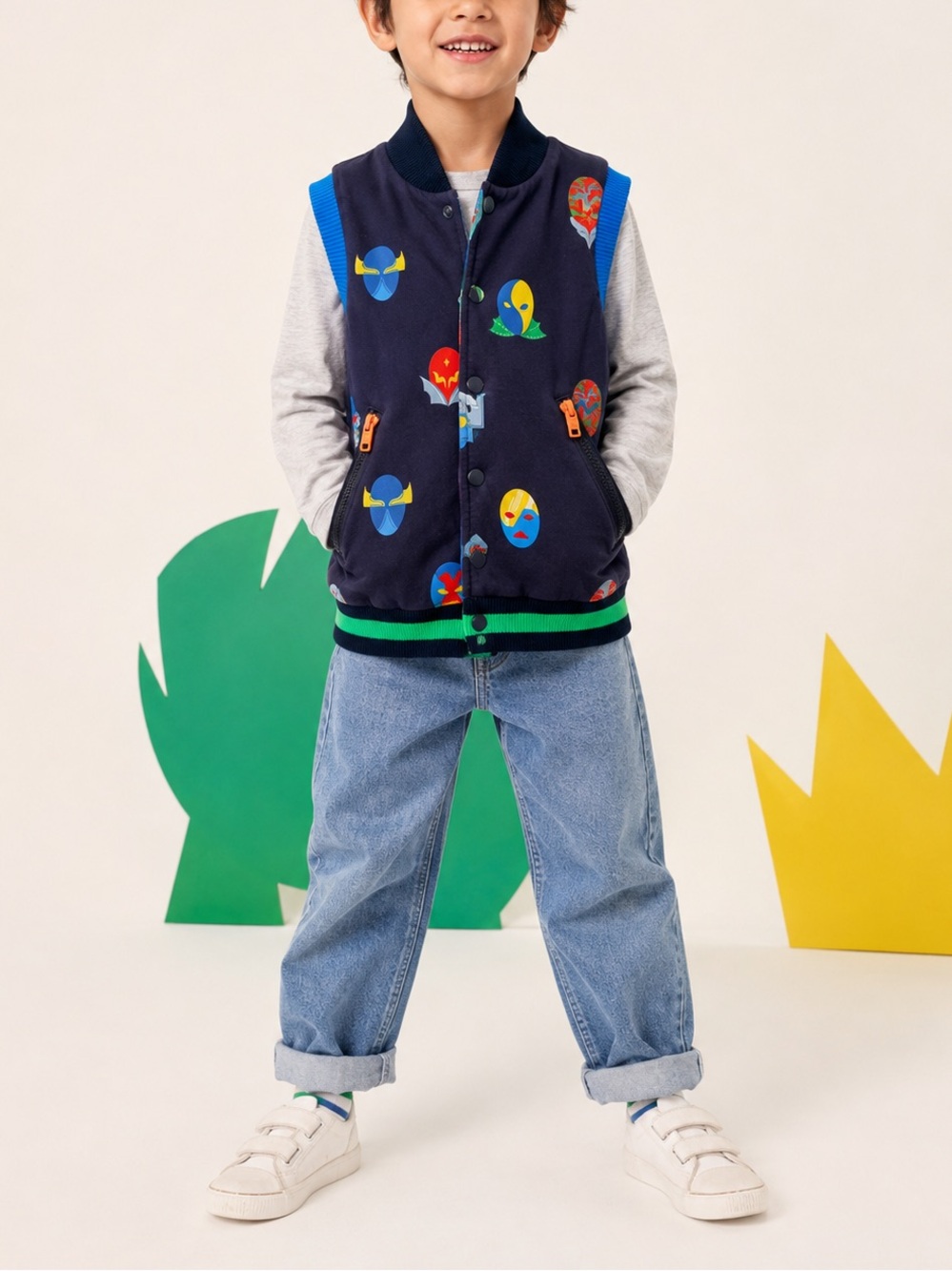 Stella McCartney Kids Superhero Print Reversible Varsity Vest Jacket, Size 6